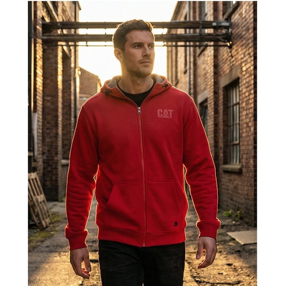 CAT Caterpillar Mens XL Red Full Zip Hoodie Workwear Redefined Fleece Lined